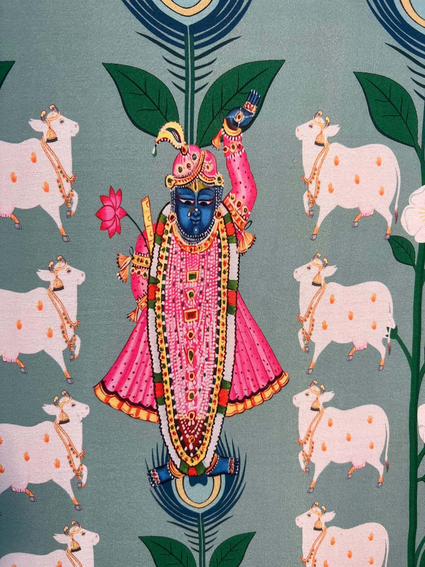 Large Shrinathji Backdrop: Pastel pistachio Pichwai