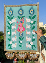 Load image into Gallery viewer, Large Shrinathji Backdrop: Pastel pistachio Pichwai