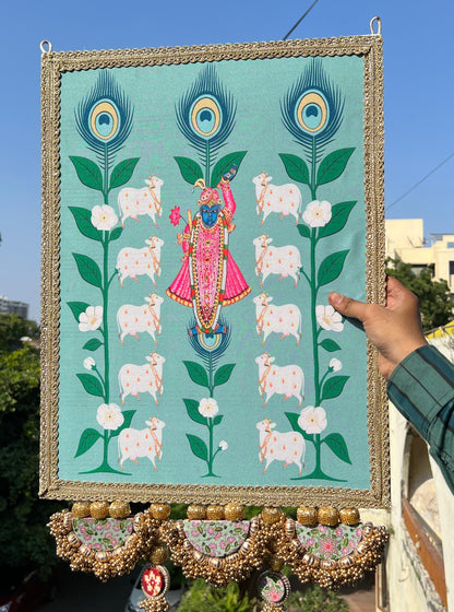 Large Shrinathji Backdrop: Pastel pistachio Pichwai