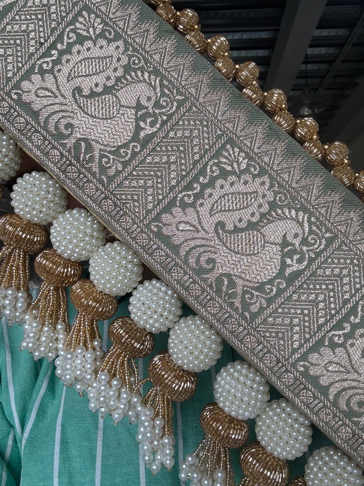 IBHI Mayur Vilas (मयूर विलास) Peacock Toran – Two-sided with pistachio silver zari border, emerald green brocade, brass bells & pearl tassels