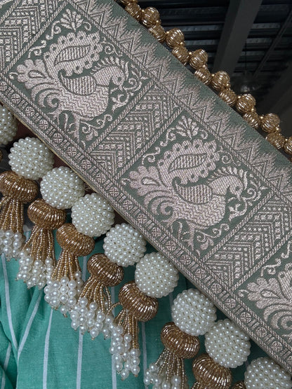 IBHI Mayur Vilas (मयूर विलास) Peacock Toran – Two-sided with pistachio silver zari border, emerald green brocade, brass bells & pearl tassels