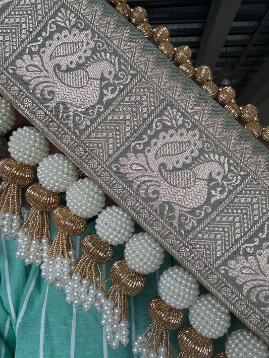 IBHI Mayur Vilas (मयूर विलास) Peacock Toran – Two-sided with pistachio silver zari border, emerald green brocade, brass bells & pearl tassels