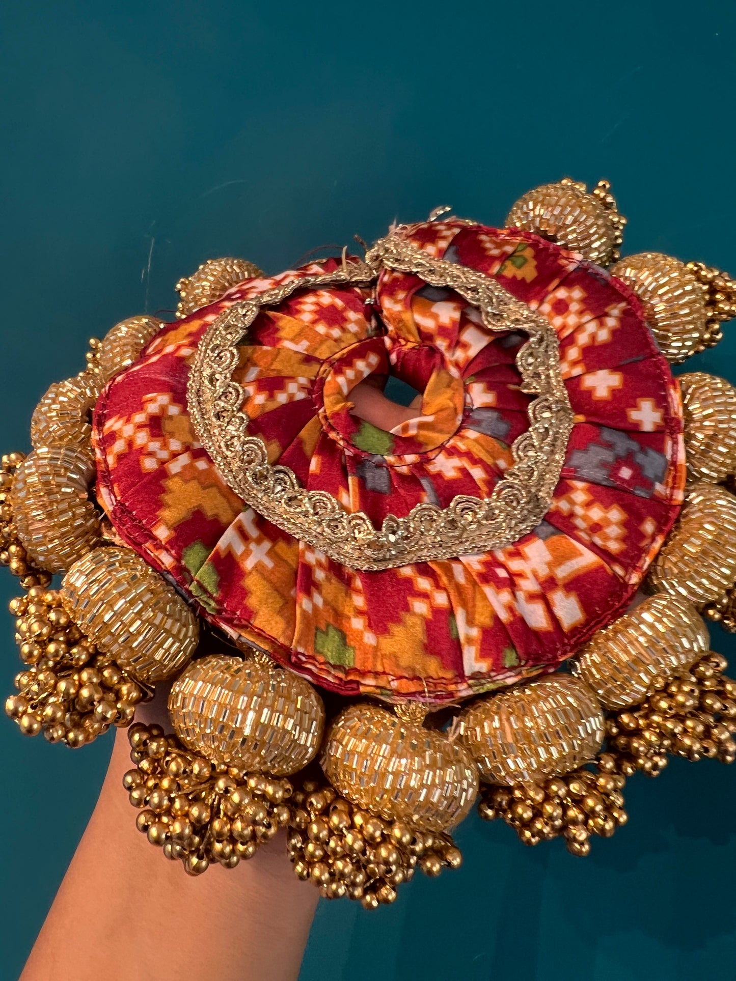 Beaded Lalji Poshak: Maroon Navratna Patola + OG Infloresence Divine Pichwai