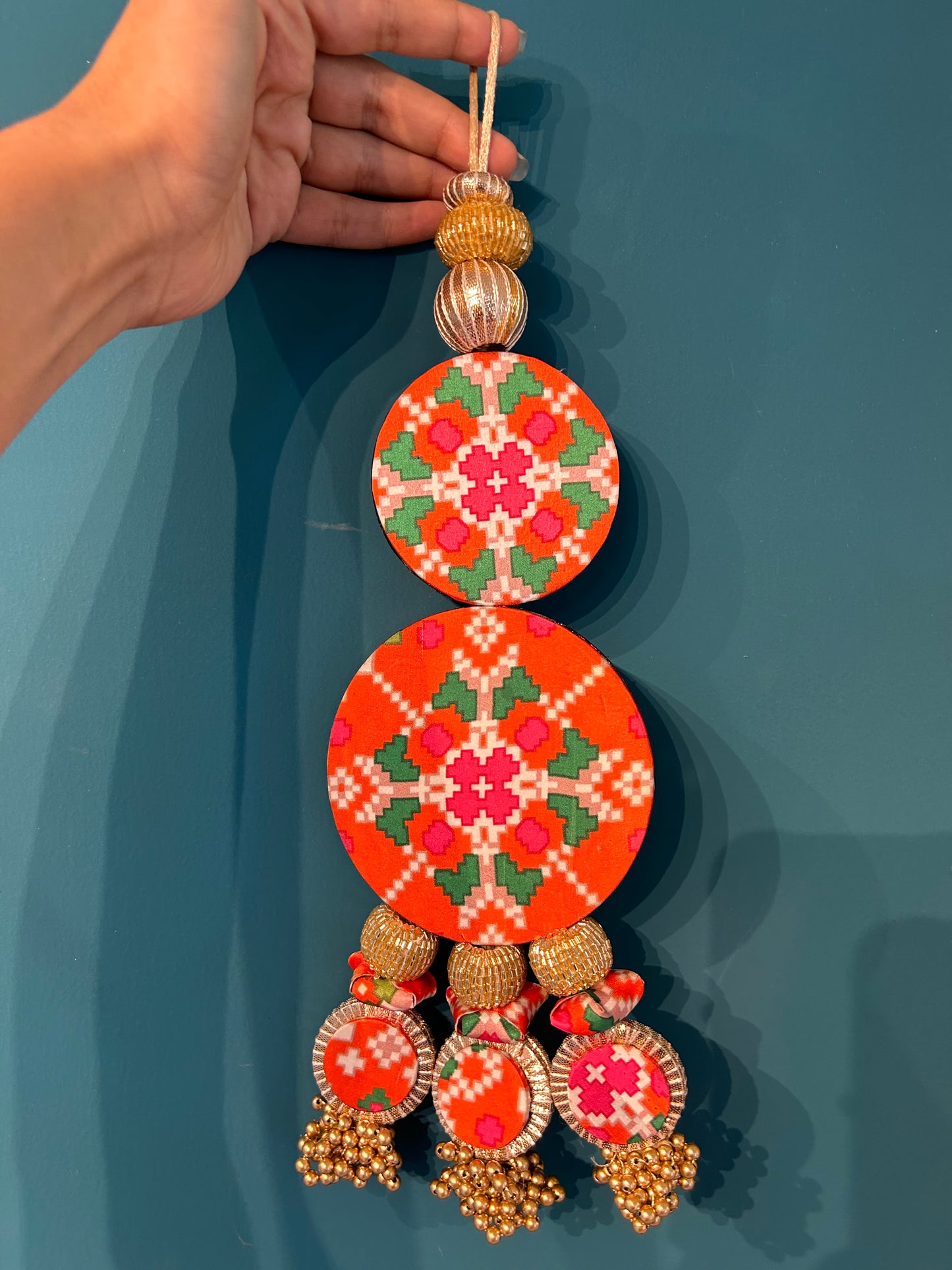 OM Ganpati Namah Signature Hanging: Solid Green + Orange Navratna Patola