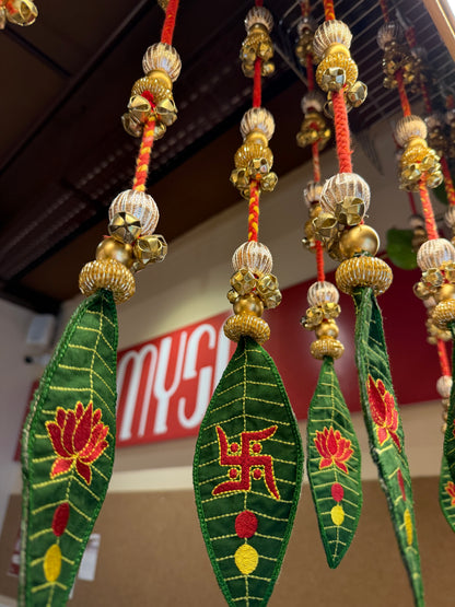 Handcrafted mango leaf festive hanging with kalawa thread, gota patti, glass beads and ghungroos by IBHI