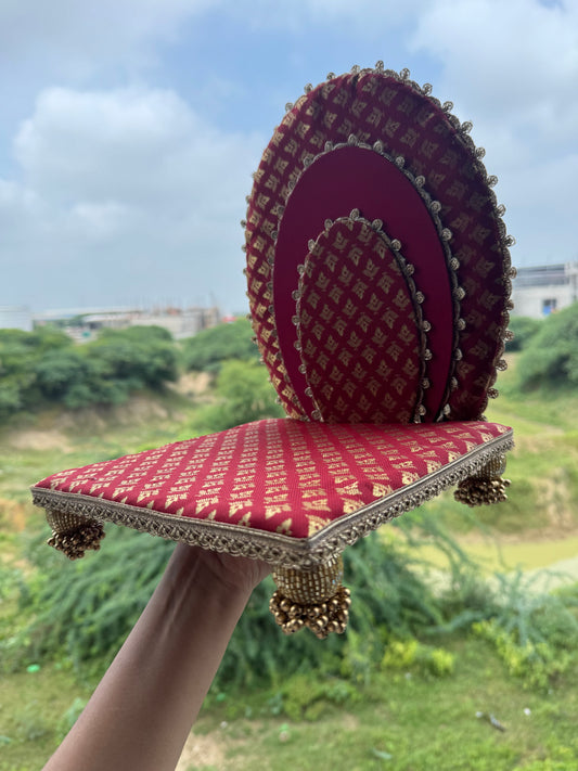 Anmol Sinhasan in maroon banarasi butti fabric with fixed base and backdrop, wooden bead legs, perfect for pooja and festive decor