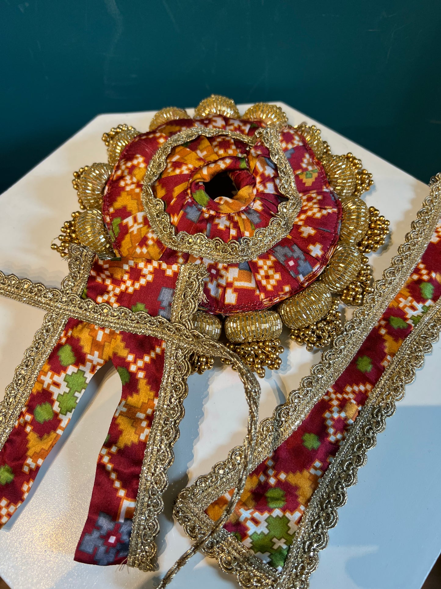 Beaded Lalji Poshak: Maroon Navratna Patola + OG Infloresence Divine Pichwai