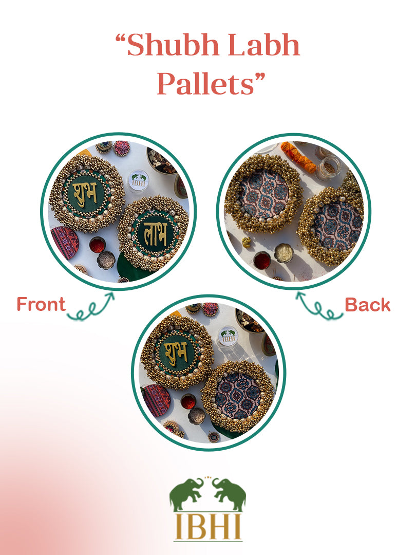 Bottle Green Navratna Patola & Upended Confluence Intense Ajrakh Beaded Shubh Labh Pallets- Set of two