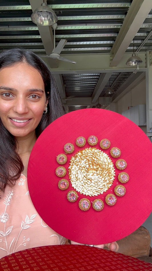 Handcrafted Mandala Backdrop with gota patti flower, Banarasi jaal and butti fabric – IBHI

