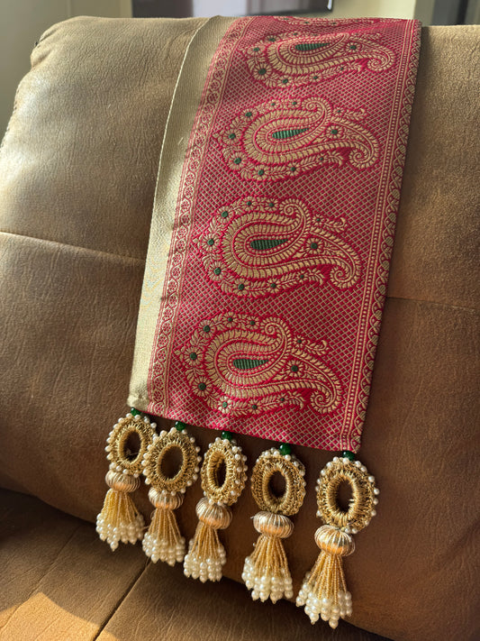 Fuchsia paisley khes with gold zari weave, emerald green highlights, and handcrafted tassels in crochet, gota patti, and pearls – IBHI

