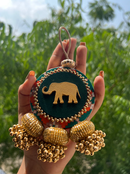 IBHI's Signature ELE Charm: Solid Green + Golden Yellow Navratna Patola