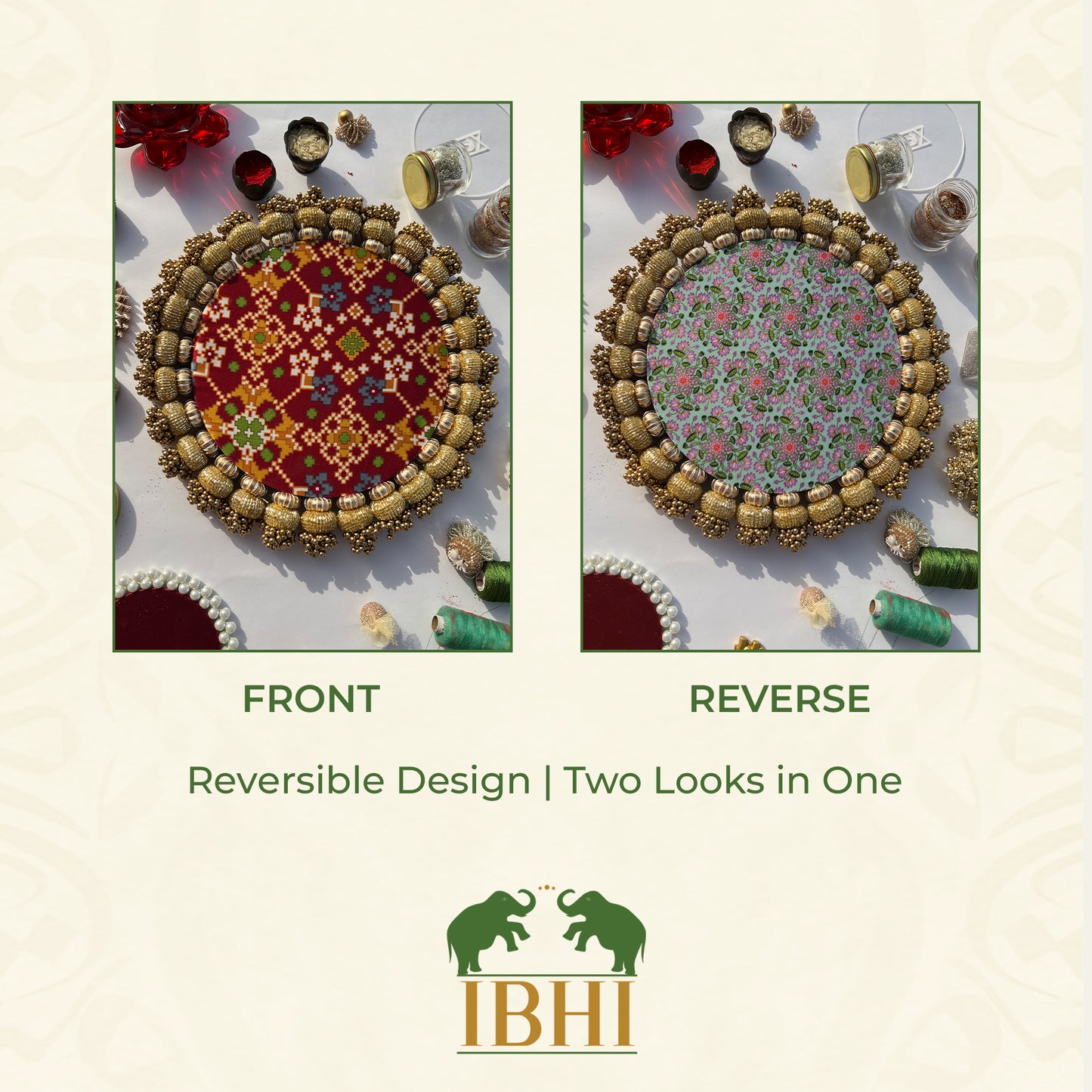 Flat Gota Chaandbali Maroon Navratna Patola & Pastel Pistachio Inflorescence Divine Pichwai Rangoli