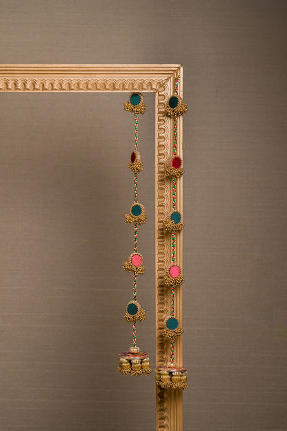 Deepa Shree maroon green and golden handcrafted Indian hanging with Patola-inspired dangler, glass beads and gota patti by IBHI