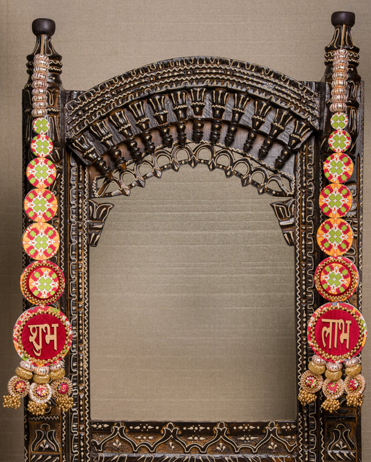 Awe-inspiring Shubh labh : Maroon Navratna Patola + Pastel Pistachio Infloresence Divine Pichwai