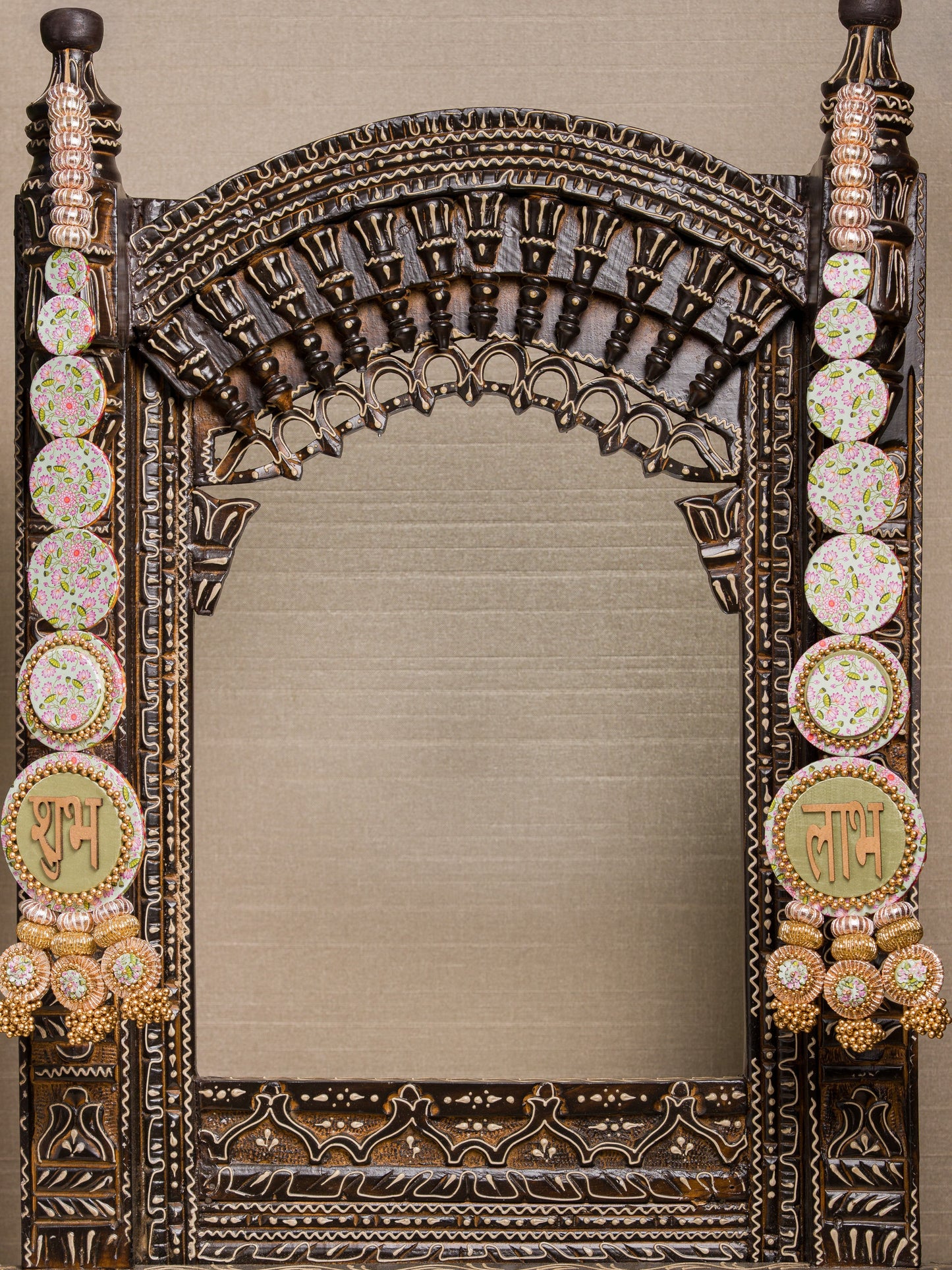 Awe-inspiring Shubh labh : Maroon Navratna Patola + Pastel Pistachio Infloresence Divine Pichwai