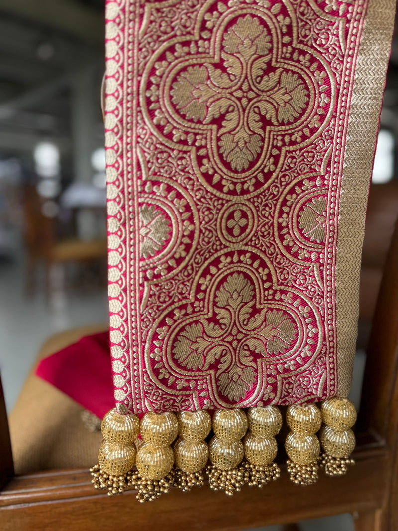 Rangratna Banarasi look-alike khes with hand-stitched beads – maroon and gold front view

