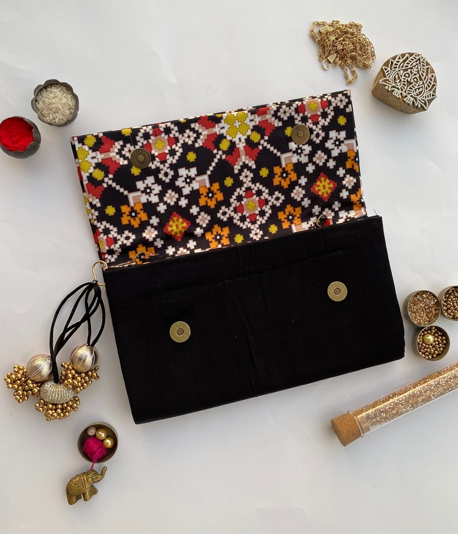 Burnt Pantone Intense Ajrakh X Solid Black Silk Encase Clutch