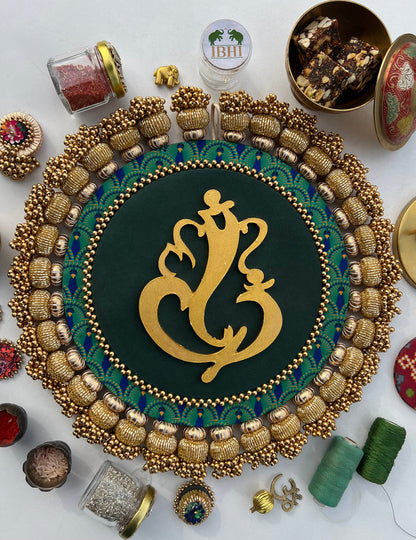 Ganesh Motif Pallet + Hanging: Kamal Bandhej + Bottle Green Navratna Patola