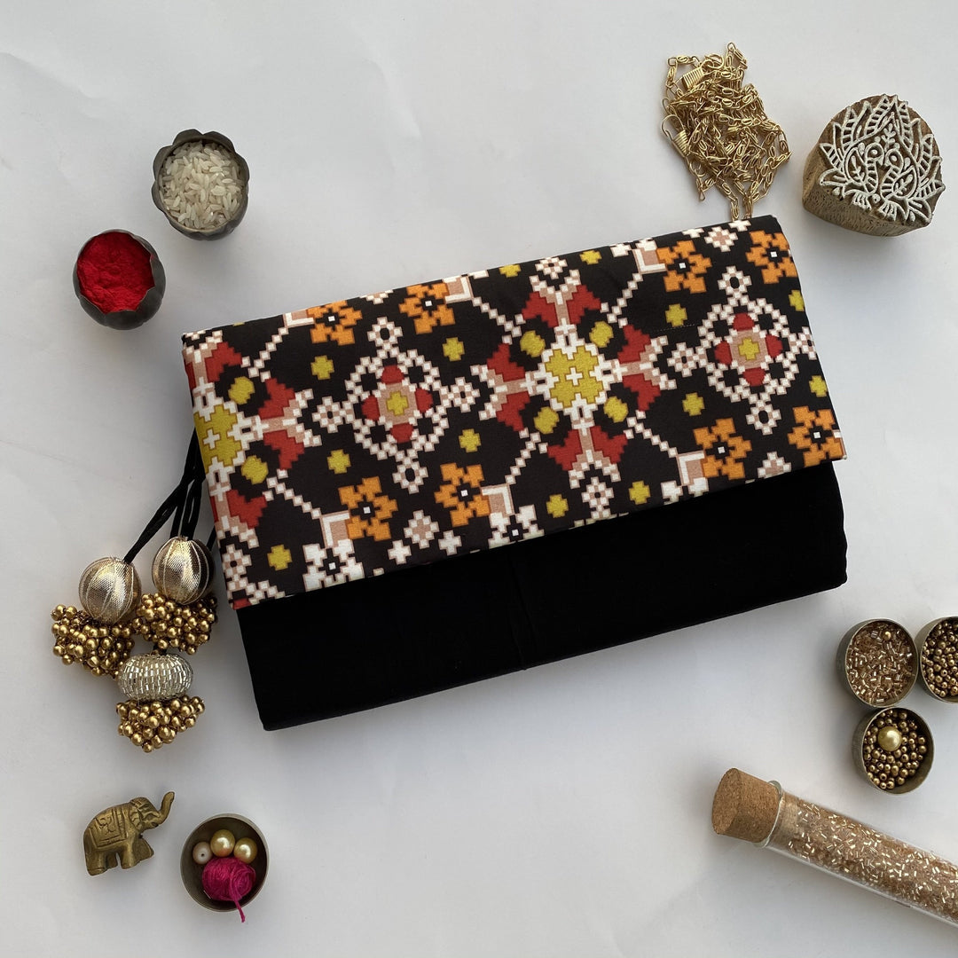 Burnt Pantone Intense Ajrakh X Solid Black Silk Encase Clutch