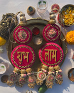 Load image into Gallery viewer, Vermillion Congruous Divine Pichwai Shubh Labh Floral Danglers
