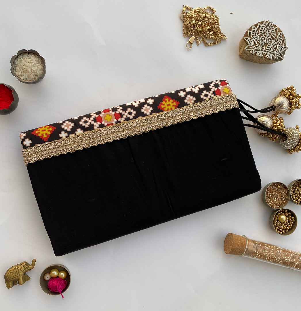 Burnt Pantone Intense Ajrakh X Solid Black Silk Encase Clutch