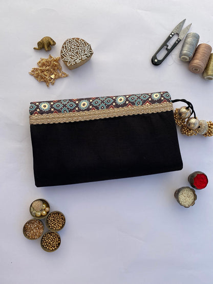 Burnt Pantone Intense Ajrakh X Solid Black Silk Encase Clutch