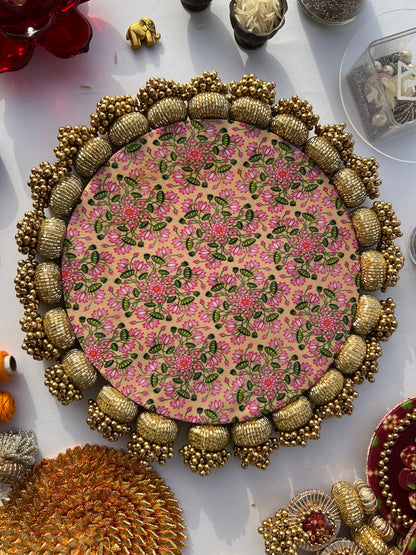 Enchanted Pink Navratna Patola & Vermillion Divine Pichwai Glass Beaded Mini Rangoli