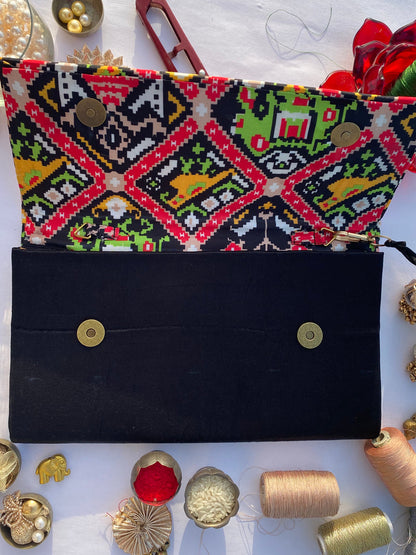 Burnt Pantone Intense Ajrakh X Solid Black Silk Encase Clutch