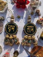 Load image into Gallery viewer, Maroon &amp; Bottle Green Navratna Patola Shubh Labh Danglers- Set of 2