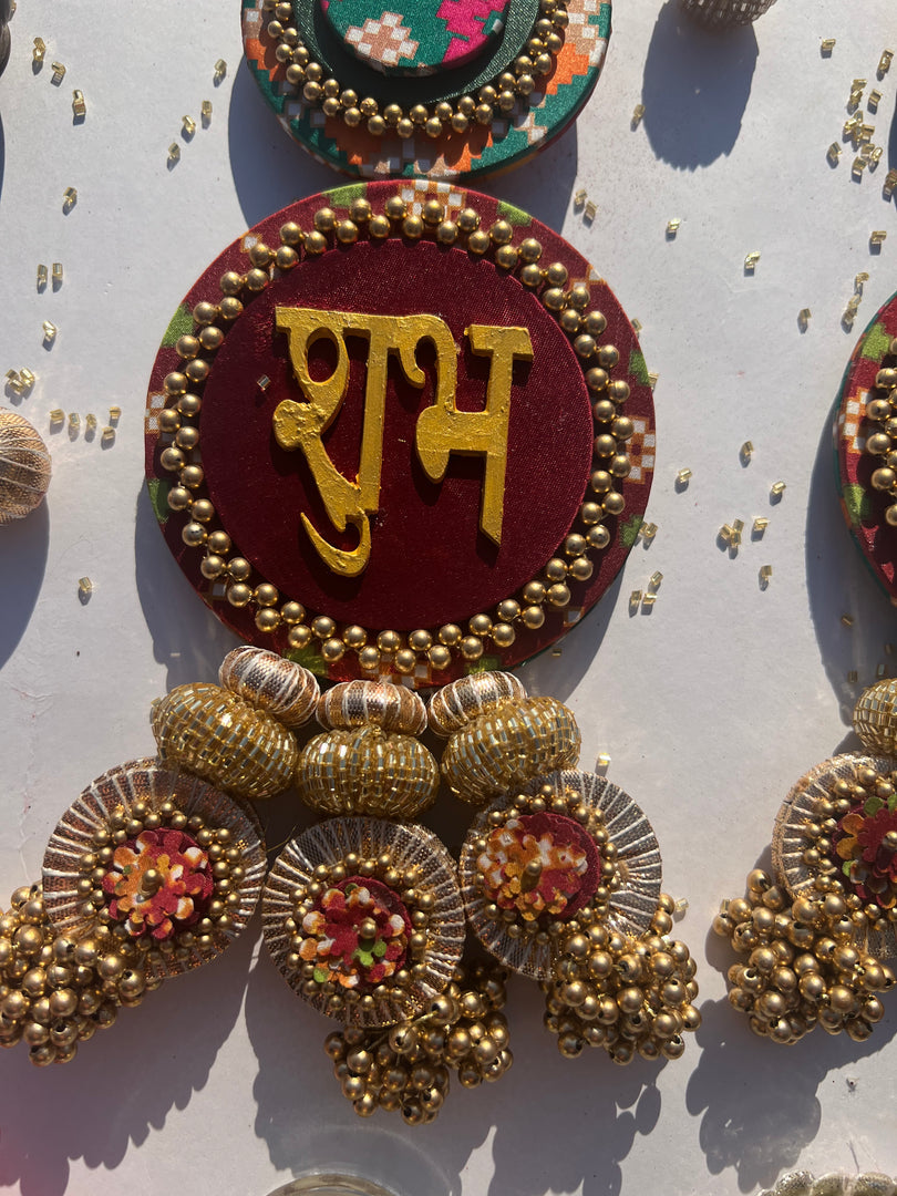 Awe-inspiring Shubh labh : Maroon Navratna Patola + Pastel Pistachio Infloresence Divine Pichwai