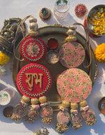 Load image into Gallery viewer, Vermillion Congruous Divine Pichwai Shubh Labh Floral Danglers
