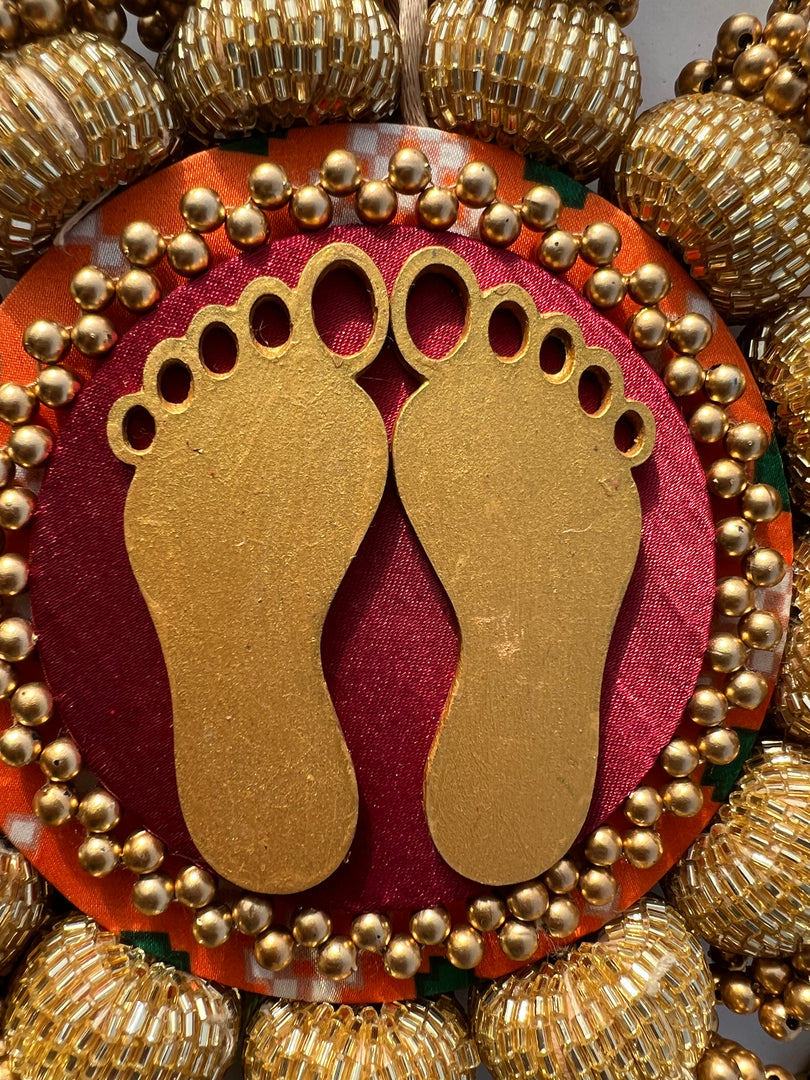 Lakshmi Pagla Pallet + Hanging: Golden Yellow Navratna Patola + Vermillion Congruous Divine Pichwai