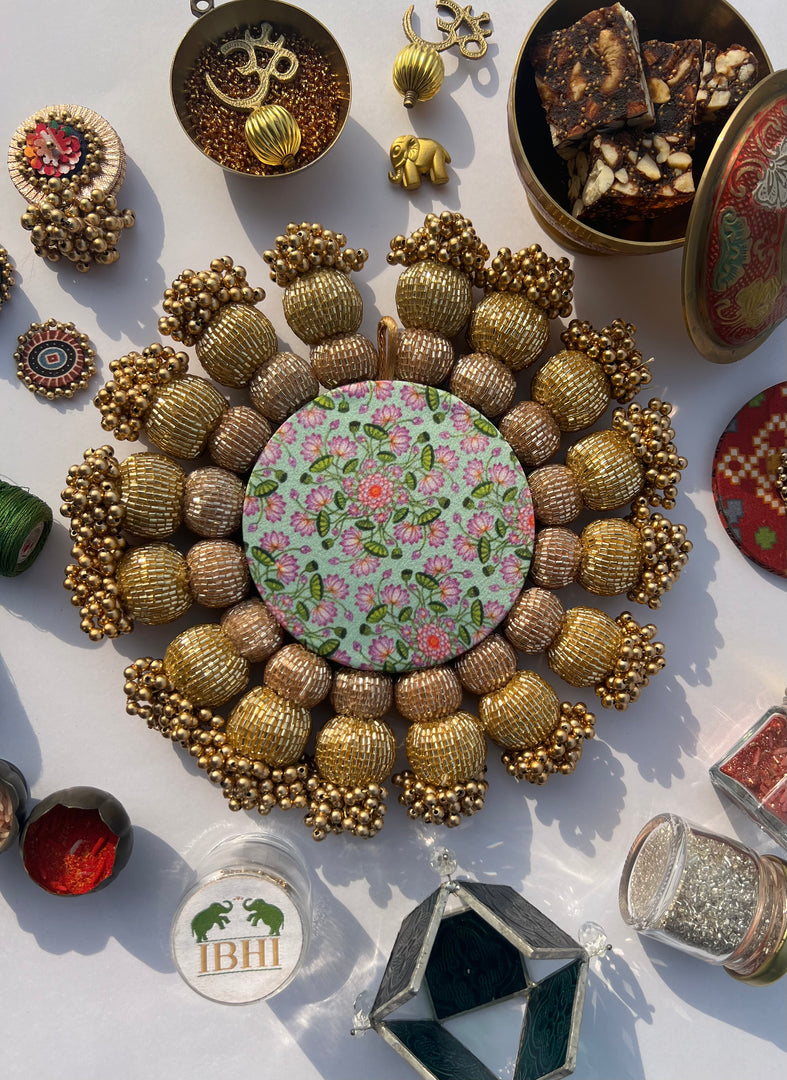 Spherical Chaandbali Pastel Pistachio Inflorescence Divine Pichwai and Pink Navratna Patola Diya Pallet
