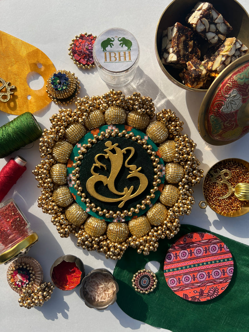SPHERICAL GANESH Platter: Bottle Green Navratna Patola + Vermillion Congruous Divine Pichwai