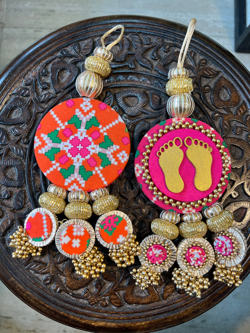 Lakshmi Pagla Danglers: Pink & Orange Navratna Patola