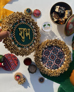Load image into Gallery viewer, Bottle Green Navratna Patola &amp; Upended Confluence Intense Ajrakh Beaded Shubh Labh Pallets- Set of two