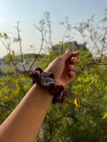 Load image into Gallery viewer, Interchanged Plain maroon + Octagonal Blossom Intense Ajrakh Scrunchie
