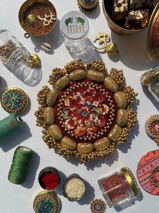 DIVA DIYA Platter: Enchanted Maroon Navratna Patola + Golden Yellow Navratna Patola