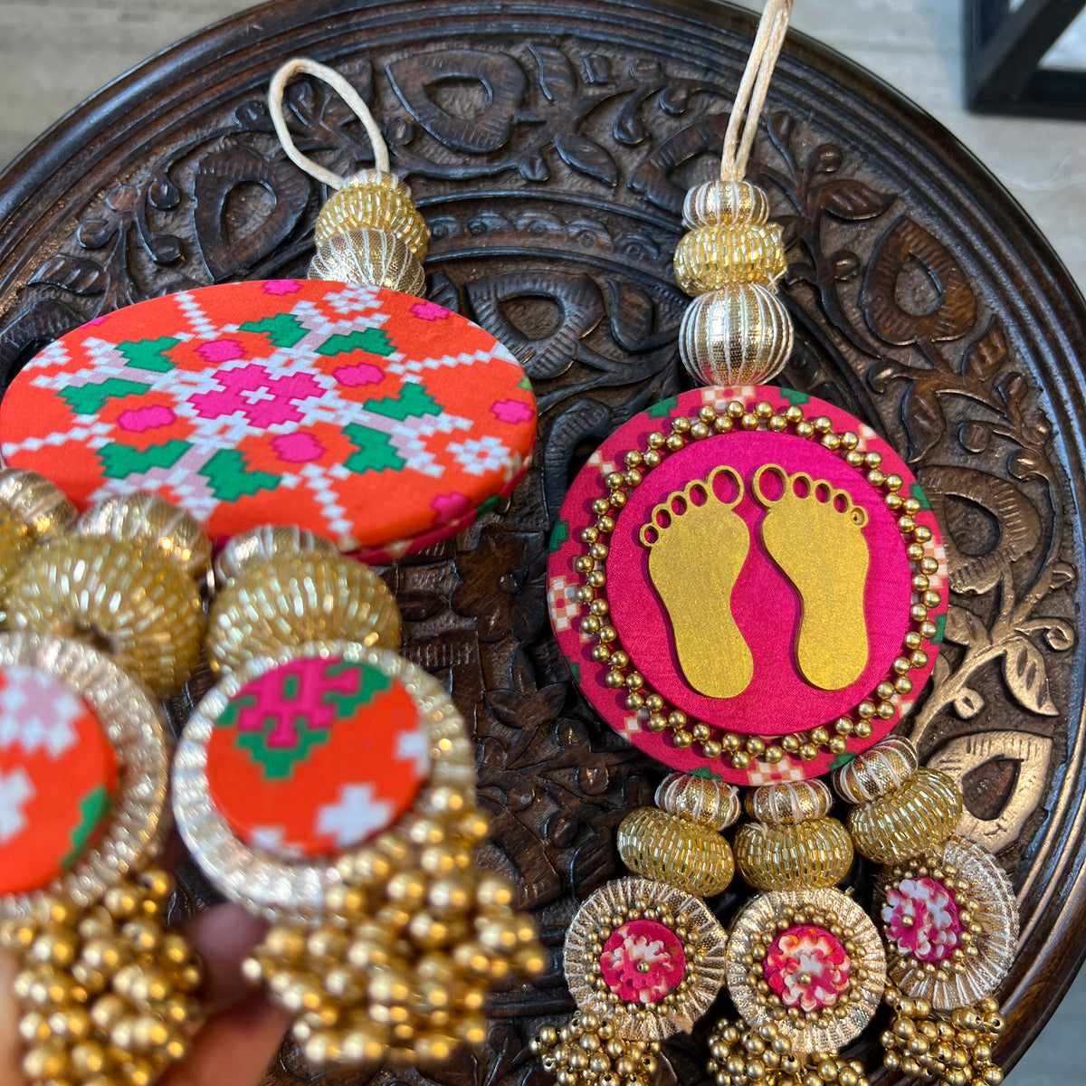 Lakshmi Pagla Danglers: Pink & Orange Navratna Patola – IBHI