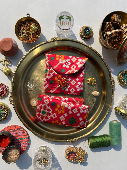 POCKET SQUARE + MINI POUCH: Pink + Orange Navratna Patola