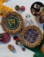 Load image into Gallery viewer, Bottle Green Navratna Patola &amp; Upended Confluence Intense Ajrakh Beaded Shubh Labh Pallets- Set of two
