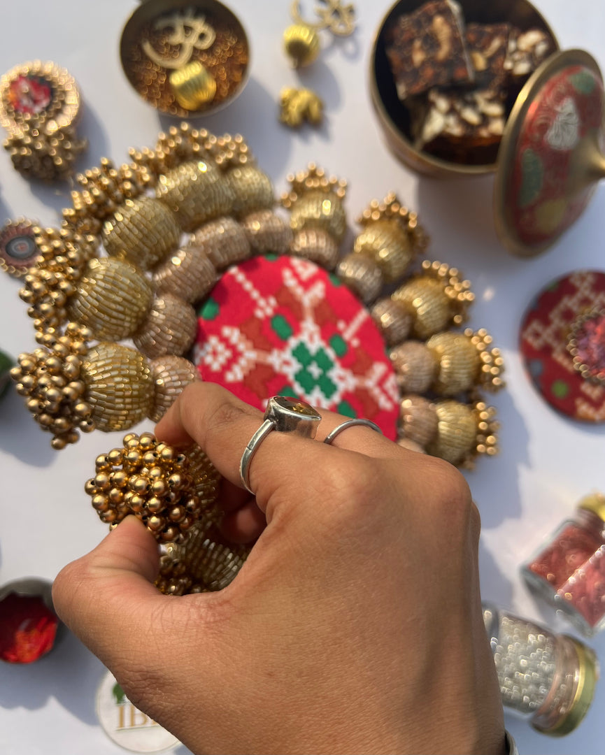 Spherical Chaandbali Pastel Pistachio Inflorescence Divine Pichwai and Pink Navratna Patola Diya Pallet