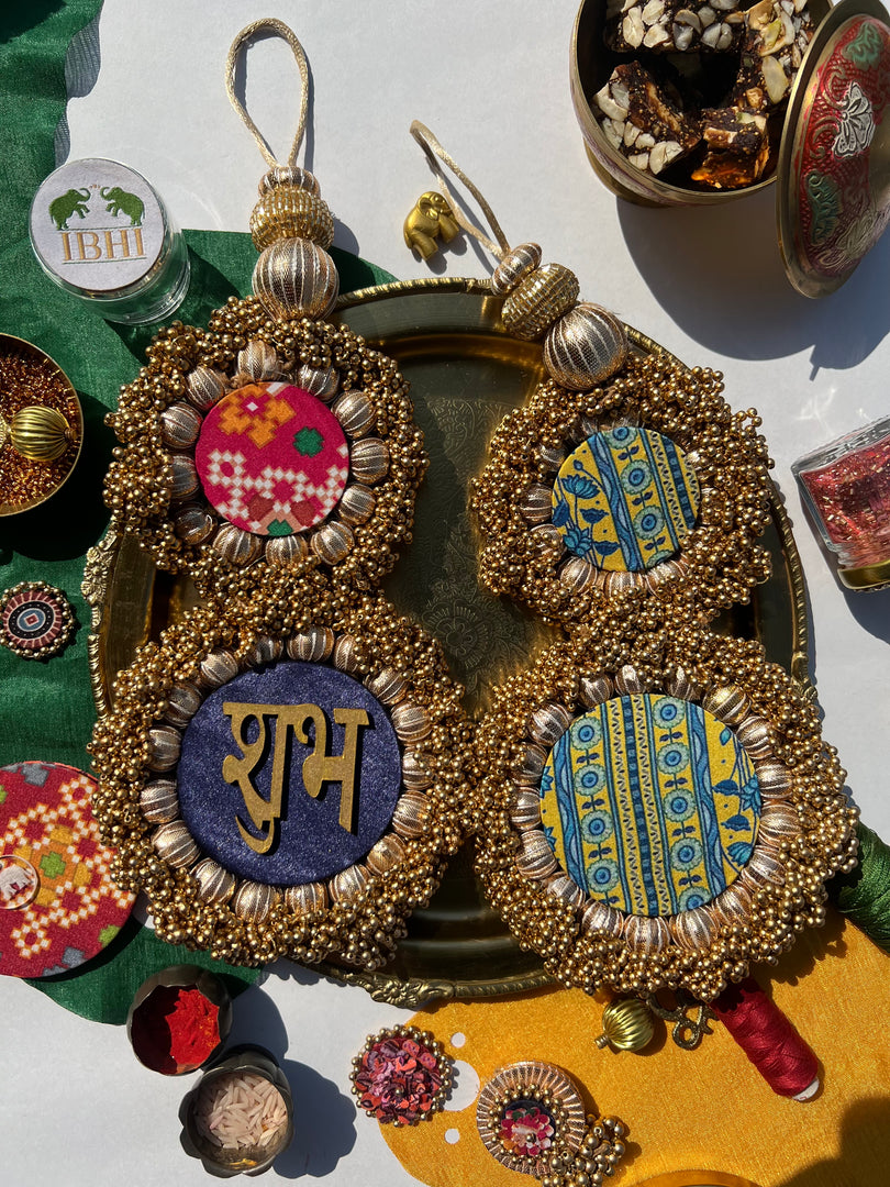 Shubh Labh Dangler- Solid Blue+ Pink Navratna Patola & Lemon Yellow Congruous Divine Pichwai