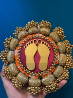 Load image into Gallery viewer, Lakshmi Pagla Pallet + Hanging: Golden Yellow Navratna Patola + Vermillion Congruous Divine Pichwai