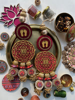 Load image into Gallery viewer, Shri Yantra &amp; Lakshmi Pagla Danglers: Solid Maroon + Vermillion Divine Pichwai
