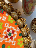 Load image into Gallery viewer, Taj Rangoli: Solid Maroon + Golden Yellow Navratna Patola
