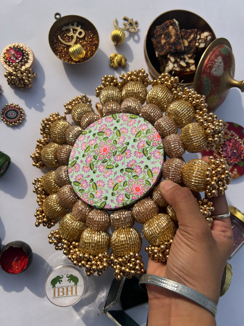 Spherical Chaandbali Pastel Pistachio Inflorescence Divine Pichwai and Pink Navratna Patola Diya Pallet
