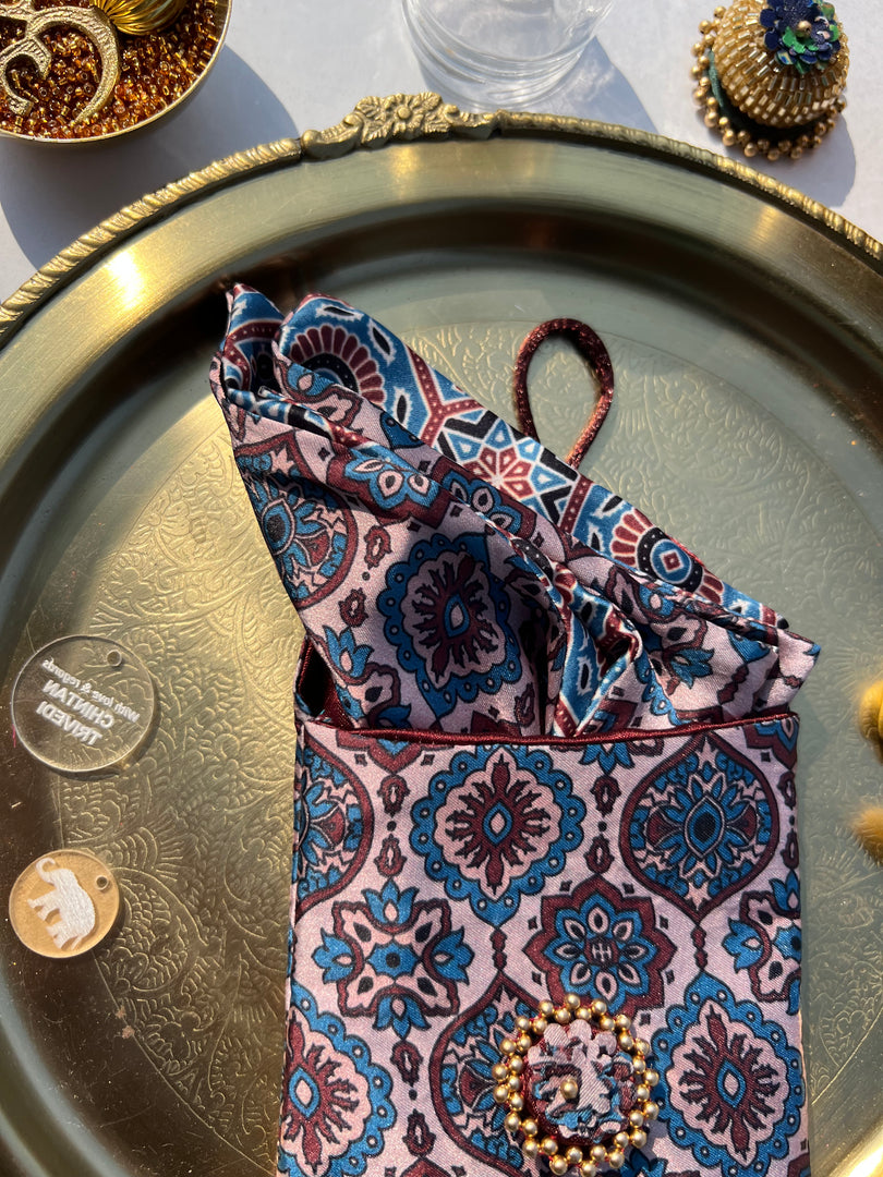 POCKET SQUARE + MINI POUCH: Upended Confluence + Octagonal Blossom Intense Ajrakh