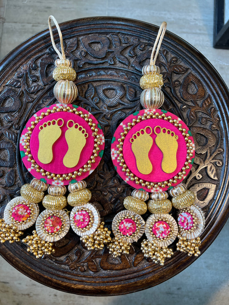 Lakshmi Pagla Danglers: Pink & Orange Navratna Patola