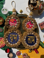 Load image into Gallery viewer, Shubh Labh Dangler- Solid Blue+ Pink Navratna Patola &amp; Lemon Yellow Congruous Divine Pichwai
